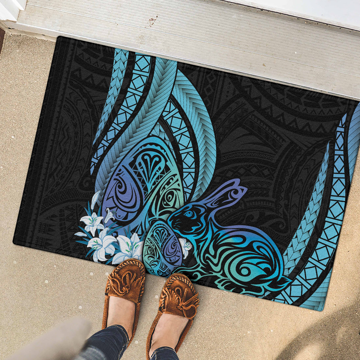 Turquoise Polynesia Easter Day Rubber Doormat Eggs With Bunny Polynesian Pattern