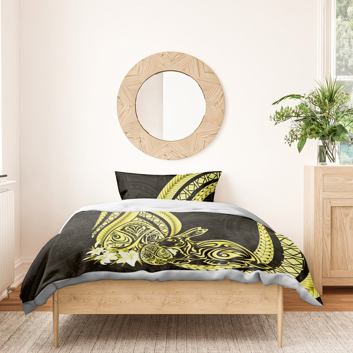 Yellow Polynesia Easter Day Bedding Set Eggs With Bunny Polynesian Pattern
