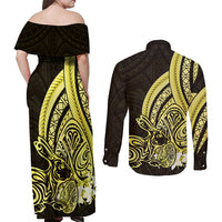 Yellow Polynesia Easter Day Couples Matching Off Shoulder Maxi Dress and Long Sleeve Button Shirt Eggs With Bunny Polynesian Pattern