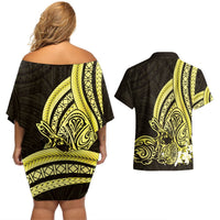Yellow Polynesia Easter Day Couples Matching Off Shoulder Short Dress and Hawaiian Shirt Eggs With Bunny Polynesian Pattern