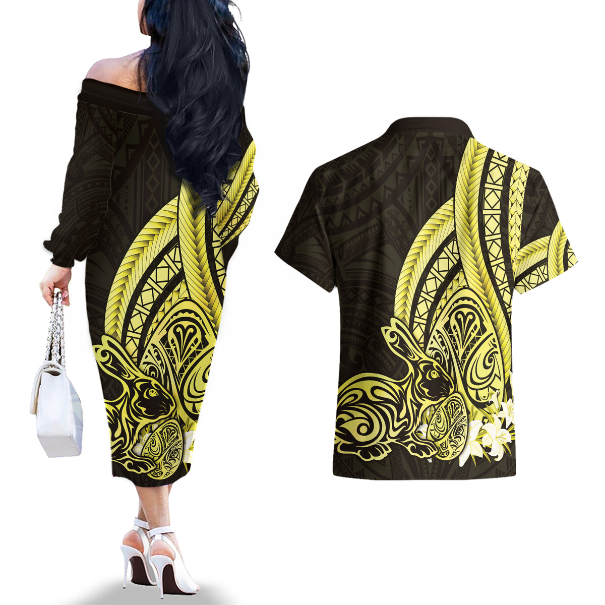 Yellow Polynesia Easter Day Couples Matching Off The Shoulder Long Sleeve Dress and Hawaiian Shirt Eggs With Bunny Polynesian Pattern