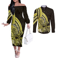 Yellow Polynesia Easter Day Couples Matching Off The Shoulder Long Sleeve Dress and Long Sleeve Button Shirt Eggs With Bunny Polynesian Pattern