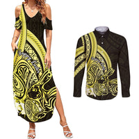 Yellow Polynesia Easter Day Couples Matching Summer Maxi Dress and Long Sleeve Button Shirt Eggs With Bunny Polynesian Pattern