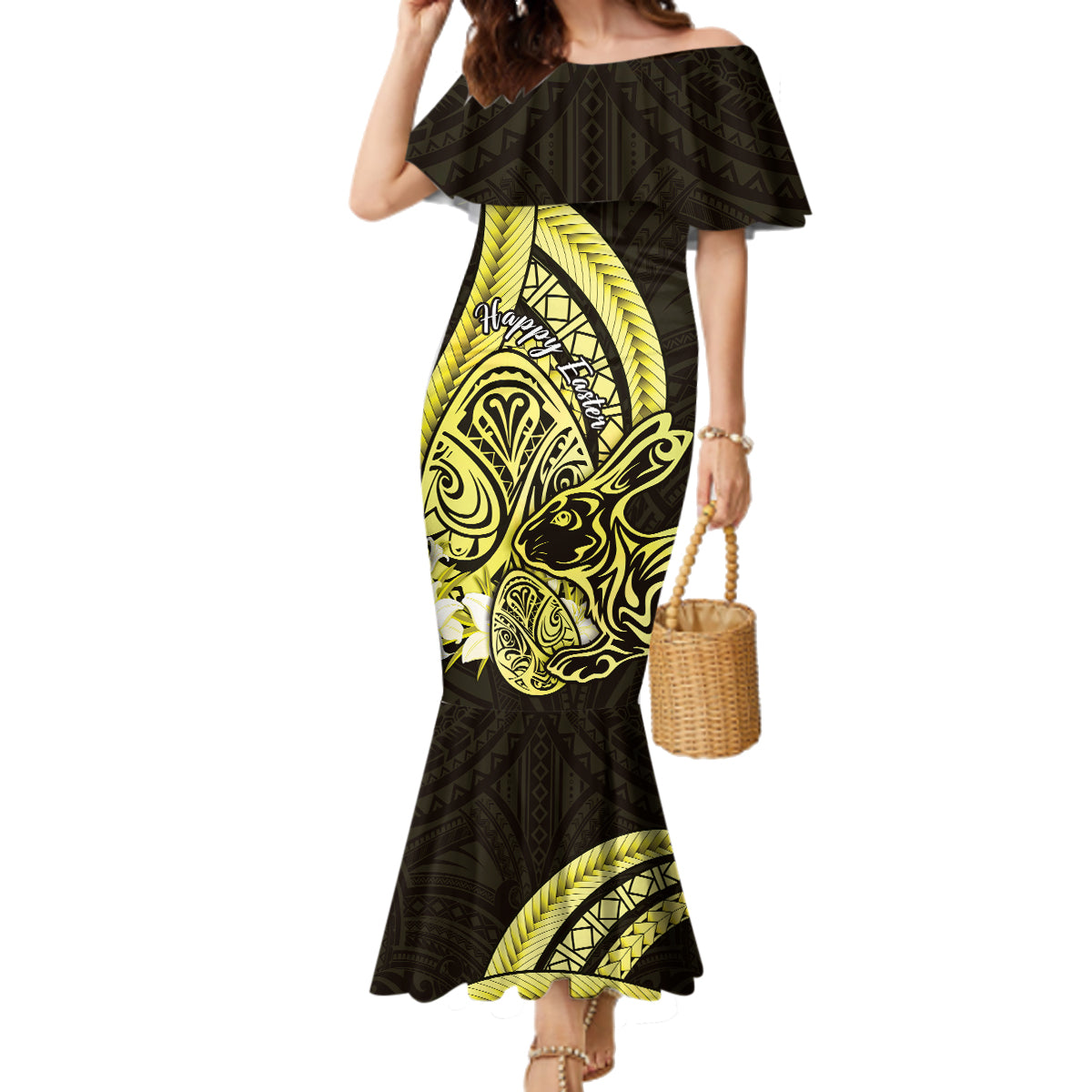 Yellow Polynesia Easter Day Family Matching Mermaid Dress and Hawaiian Shirt Eggs With Bunny Polynesian Pattern