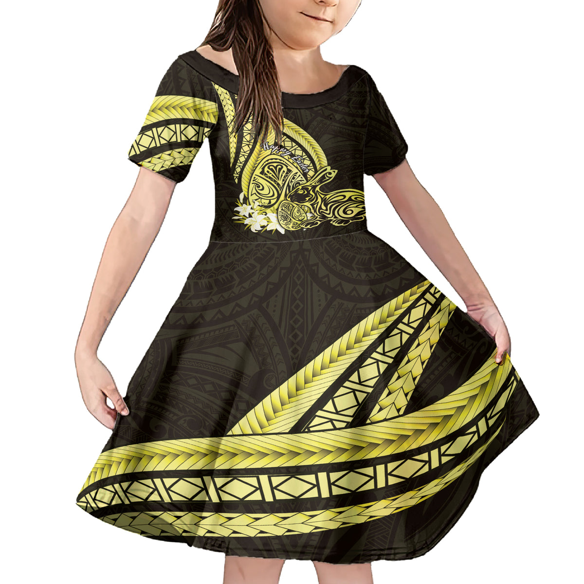 Yellow Polynesia Easter Day Family Matching Short Sleeve Bodycon Dress and Hawaiian Shirt Eggs With Bunny Polynesian Pattern