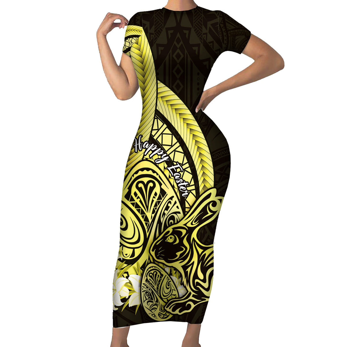 Yellow Polynesia Easter Day Family Matching Short Sleeve Bodycon Dress and Hawaiian Shirt Eggs With Bunny Polynesian Pattern