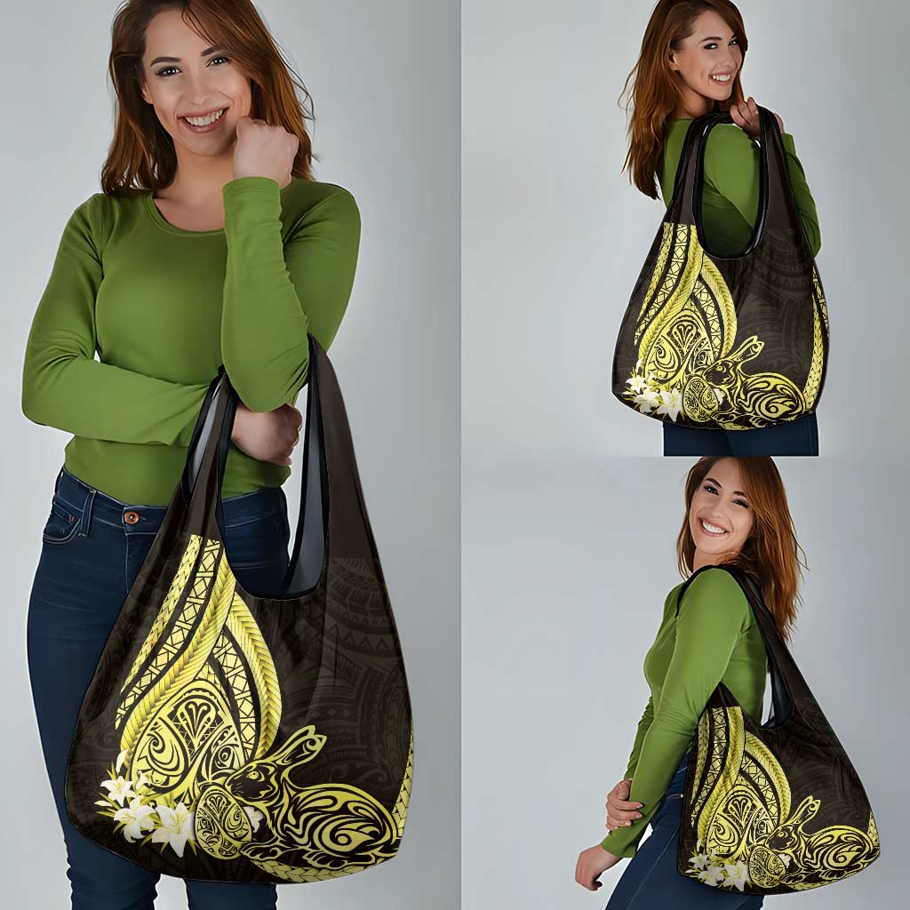 Yellow Polynesia Easter Day Grocery Bag Eggs With Bunny Polynesian Pattern