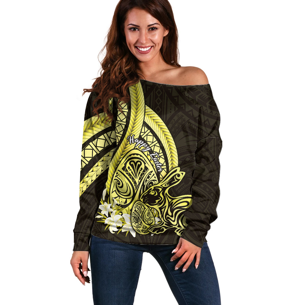 Yellow Polynesia Easter Day Off Shoulder Sweater Eggs With Bunny Polynesian Pattern LT14 Women Yellow - Polynesian Pride
