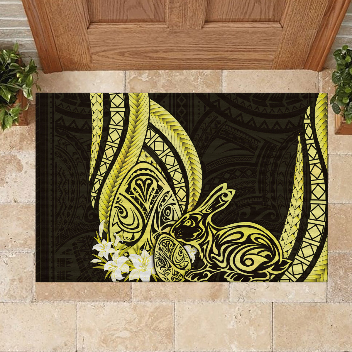 Yellow Polynesia Easter Day Rubber Doormat Eggs With Bunny Polynesian Pattern