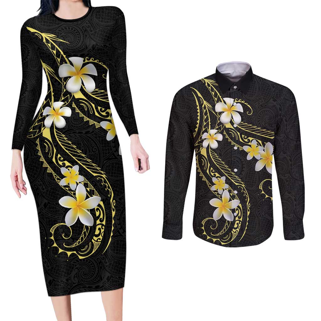 Polynesia Tattoo With Plumeria Couples Matching Long Sleeve Bodycon Dress and Long Sleeve Button Shirt Elegant Vibes LT14 Black - Polynesian Pride