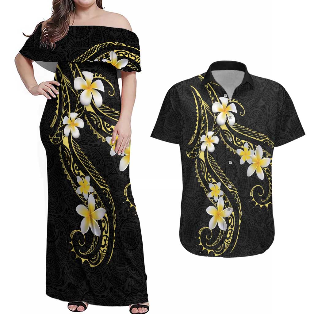 Polynesia Tattoo With Plumeria Couples Matching Off Shoulder Maxi Dress and Hawaiian Shirt Elegant Vibes LT14 Black - Polynesian Pride