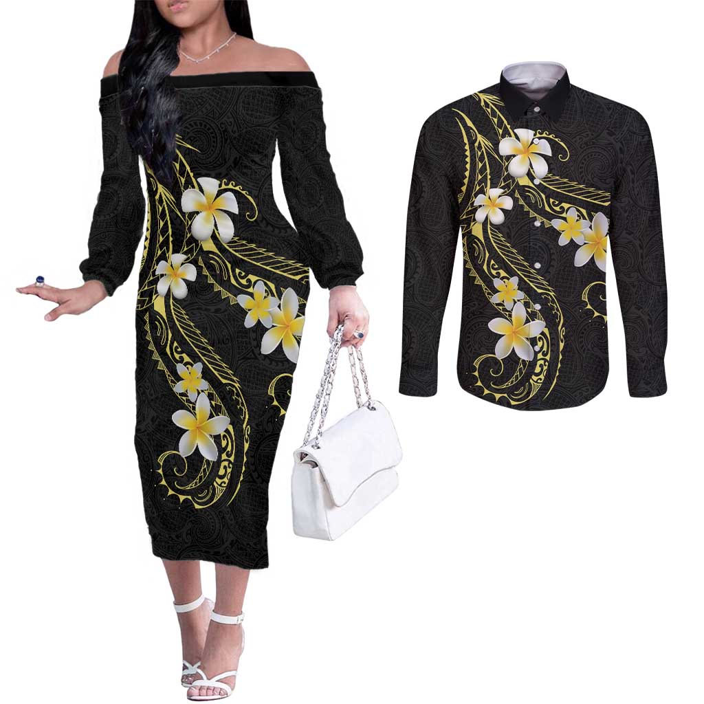 Polynesia Tattoo With Plumeria Couples Matching Off The Shoulder Long Sleeve Dress and Long Sleeve Button Shirt Elegant Vibes