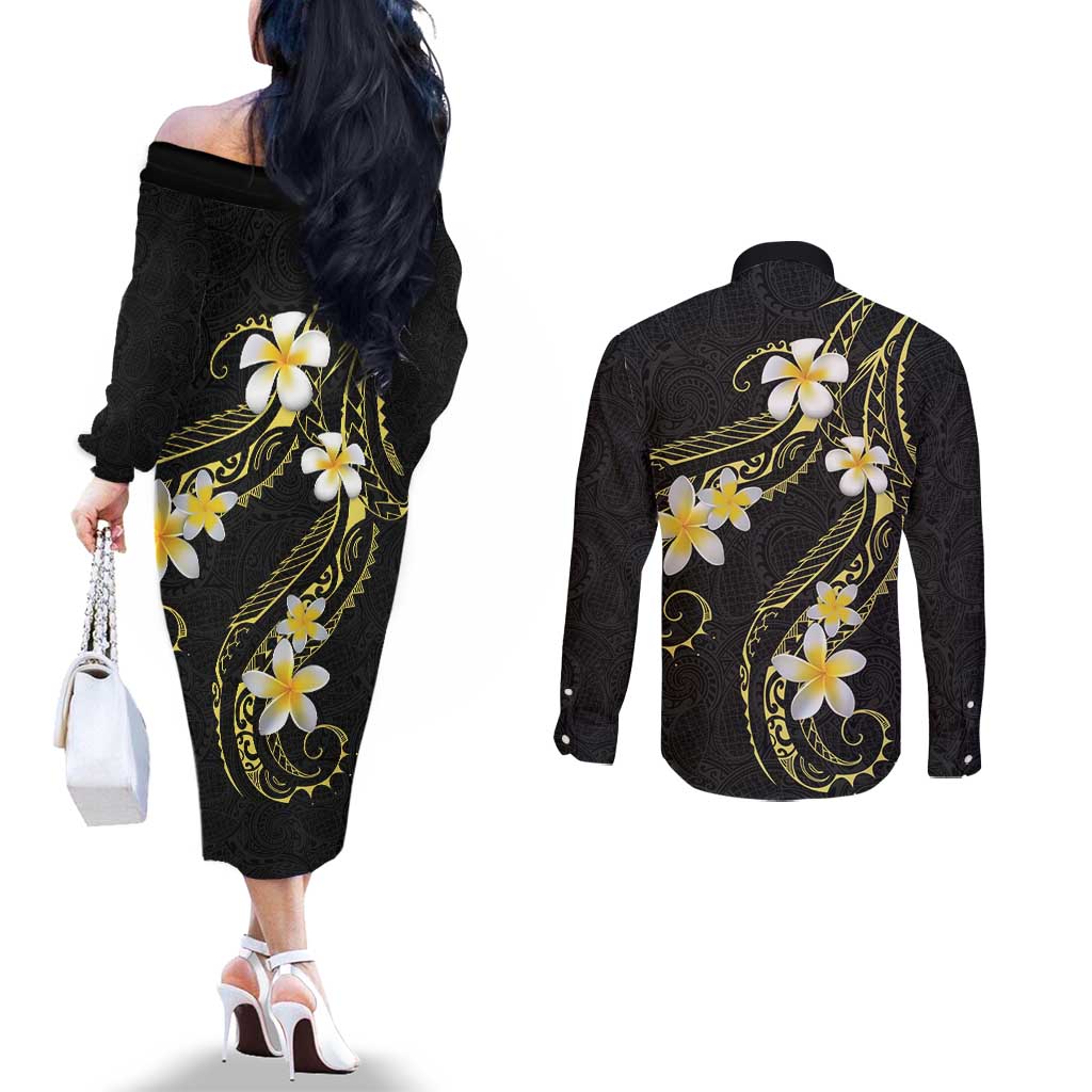 Polynesia Tattoo With Plumeria Couples Matching Off The Shoulder Long Sleeve Dress and Long Sleeve Button Shirt Elegant Vibes