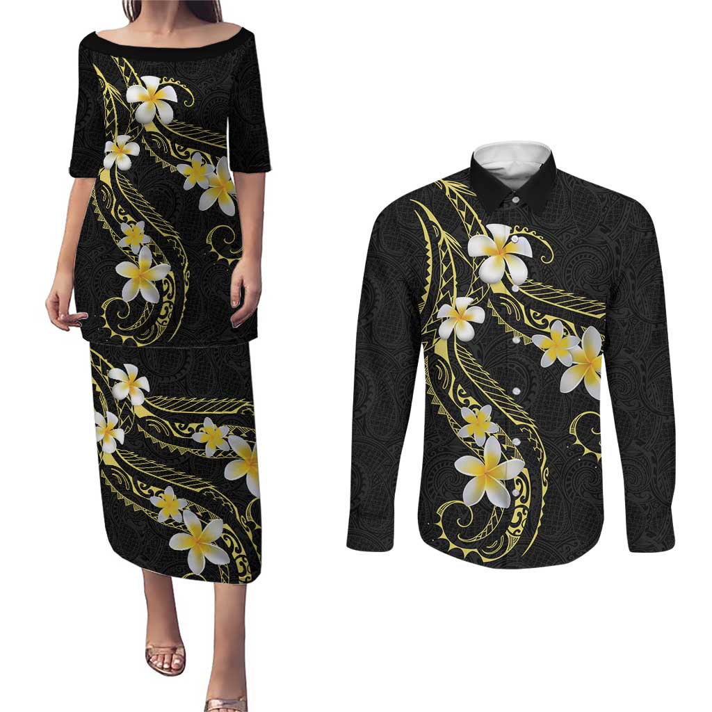 Polynesia Tattoo With Plumeria Couples Matching Puletasi and Long Sleeve Button Shirt Elegant Vibes LT14 Black - Polynesian Pride