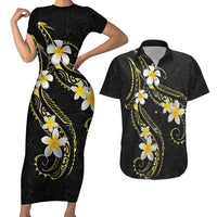 Polynesia Tattoo With Plumeria Couples Matching Short Sleeve Bodycon Dress and Hawaiian Shirt Elegant Vibes LT14 Black - Polynesian Pride