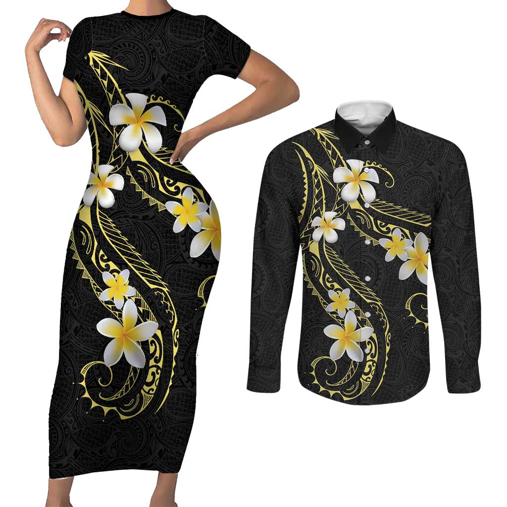 Polynesia Tattoo With Plumeria Couples Matching Short Sleeve Bodycon Dress and Long Sleeve Button Shirt Elegant Vibes LT14 Black - Polynesian Pride