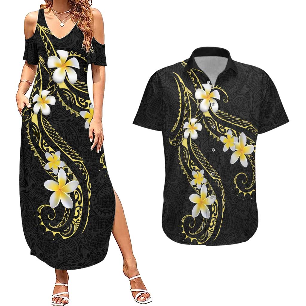 Polynesia Tattoo With Plumeria Couples Matching Summer Maxi Dress and Hawaiian Shirt Elegant Vibes LT14 Black - Polynesian Pride