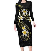 Polynesia Tattoo With Plumeria Family Matching Long Sleeve Bodycon Dress and Hawaiian Shirt Elegant Vibes LT14 Mom's Dress Black - Polynesian Pride
