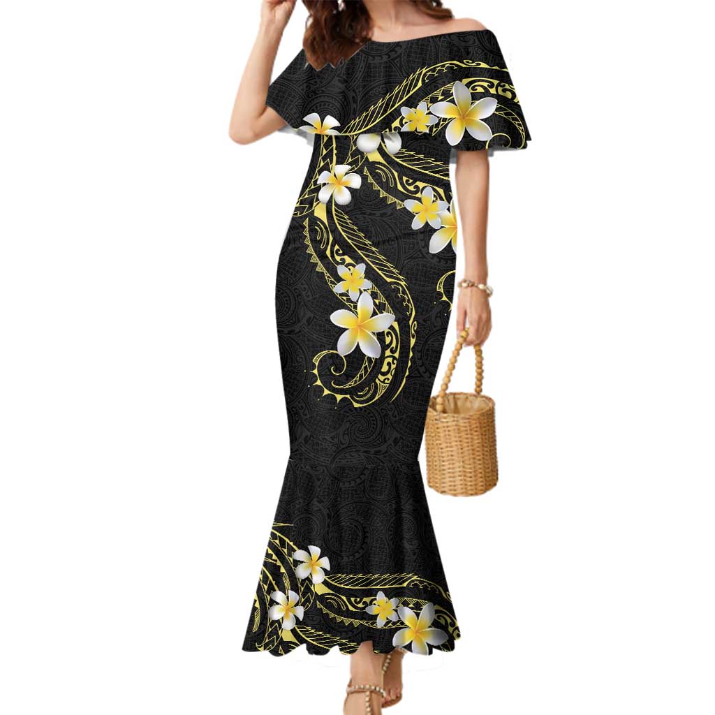Polynesia Tattoo With Plumeria Family Matching Mermaid Dress and Hawaiian Shirt Elegant Vibes LT14 Mom's Dress Black - Polynesian Pride