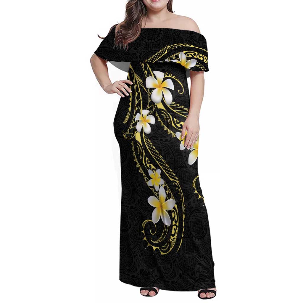 Polynesia Tattoo With Plumeria Family Matching Off Shoulder Maxi Dress and Hawaiian Shirt Elegant Vibes LT14 Mom's Dress Black - Polynesian Pride