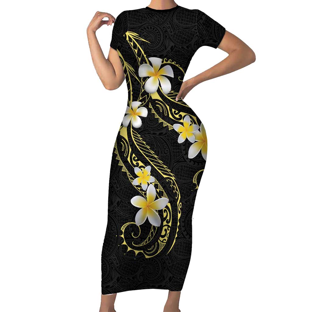 Polynesia Tattoo With Plumeria Family Matching Short Sleeve Bodycon Dress and Hawaiian Shirt Elegant Vibes LT14 Mom's Dress Black - Polynesian Pride