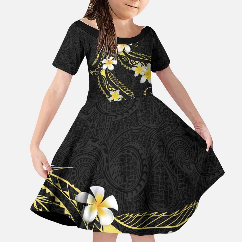 Polynesia Tattoo With Plumeria Family Matching Tank Maxi Dress and Hawaiian Shirt Elegant Vibes LT14 Daughter's Dress Black - Polynesian Pride