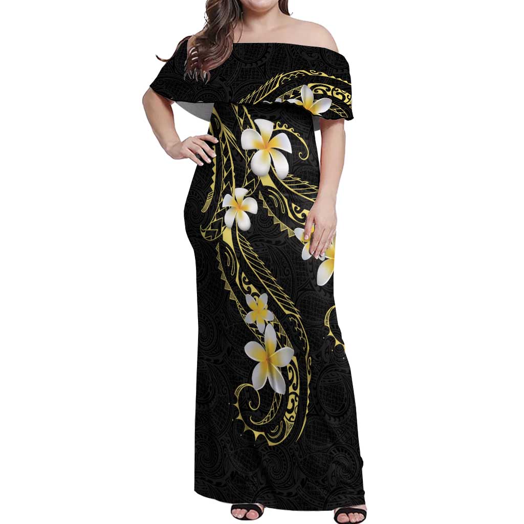 Polynesia Tattoo With Plumeria Off Shoulder Maxi Dress Elegant Vibes LT14 Women Black - Polynesian Pride