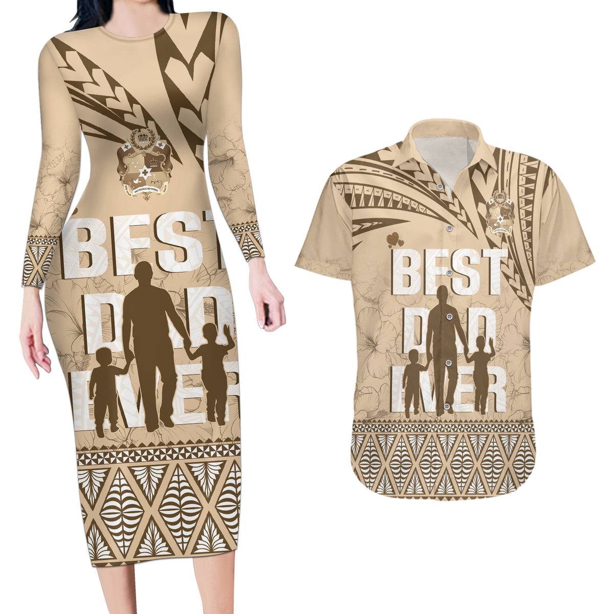 Tonga Father's Day Couples Matching Long Sleeve Bodycon Dress and Hawaiian Shirt Best Dad Ever Tongan Ngatu Pattern - Beige LT14 Beige - Polynesian Pride