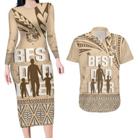Tonga Father's Day Couples Matching Long Sleeve Bodycon Dress and Hawaiian Shirt Best Dad Ever Tongan Ngatu Pattern - Beige LT14 Beige - Polynesian Pride