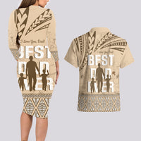 Tonga Father's Day Couples Matching Long Sleeve Bodycon Dress and Hawaiian Shirt Best Dad Ever Tongan Ngatu Pattern - Beige LT14 - Polynesian Pride
