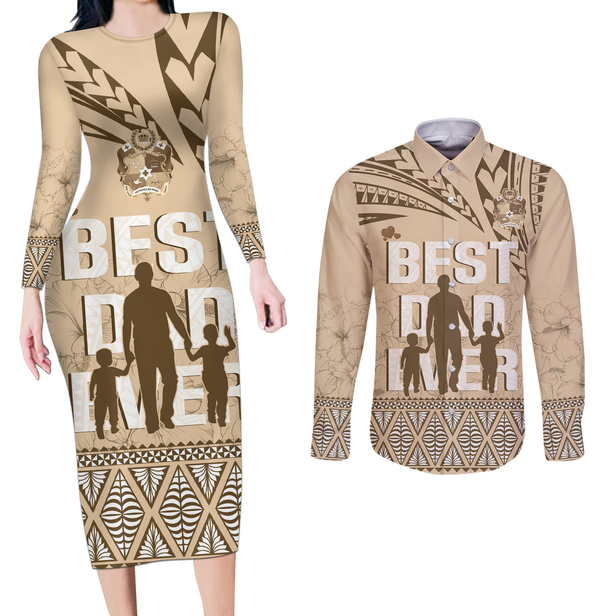 Tonga Father's Day Couples Matching Long Sleeve Bodycon Dress and Long Sleeve Button Shirt Best Dad Ever Tongan Ngatu Pattern - Beige LT14 Beige - Polynesian Pride