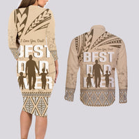 Tonga Father's Day Couples Matching Long Sleeve Bodycon Dress and Long Sleeve Button Shirt Best Dad Ever Tongan Ngatu Pattern - Beige LT14 - Polynesian Pride