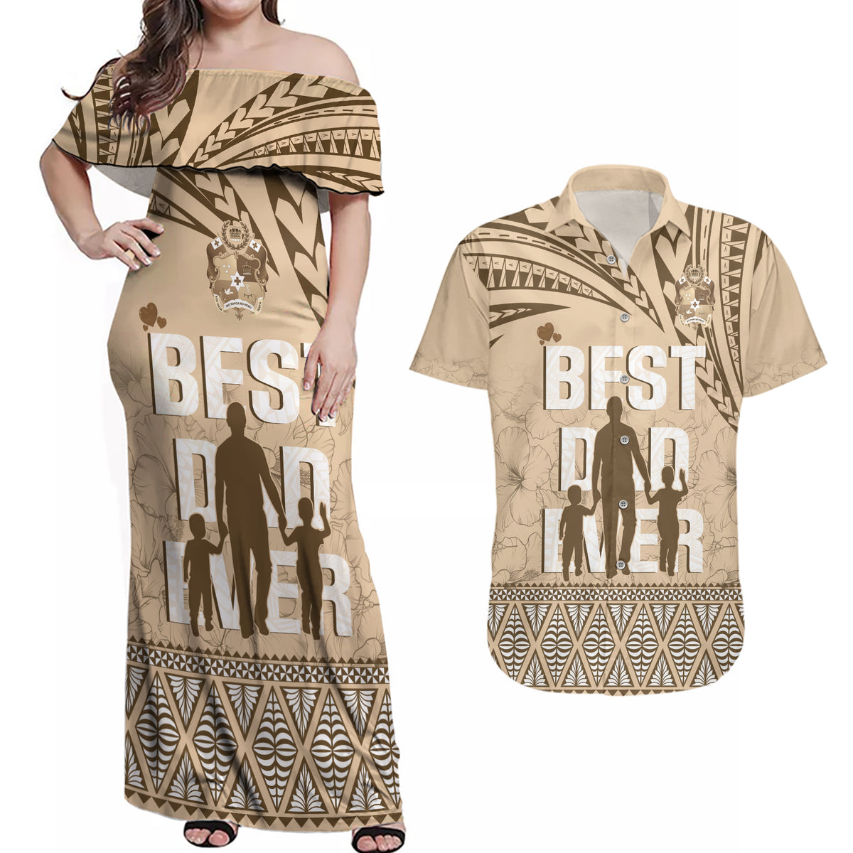 Tonga Father's Day Couples Matching Off Shoulder Maxi Dress and Hawaiian Shirt Best Dad Ever Tongan Ngatu Pattern - Beige LT14 Beige - Polynesian Pride