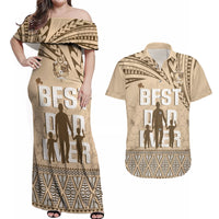 Tonga Father's Day Couples Matching Off Shoulder Maxi Dress and Hawaiian Shirt Best Dad Ever Tongan Ngatu Pattern - Beige LT14 Beige - Polynesian Pride