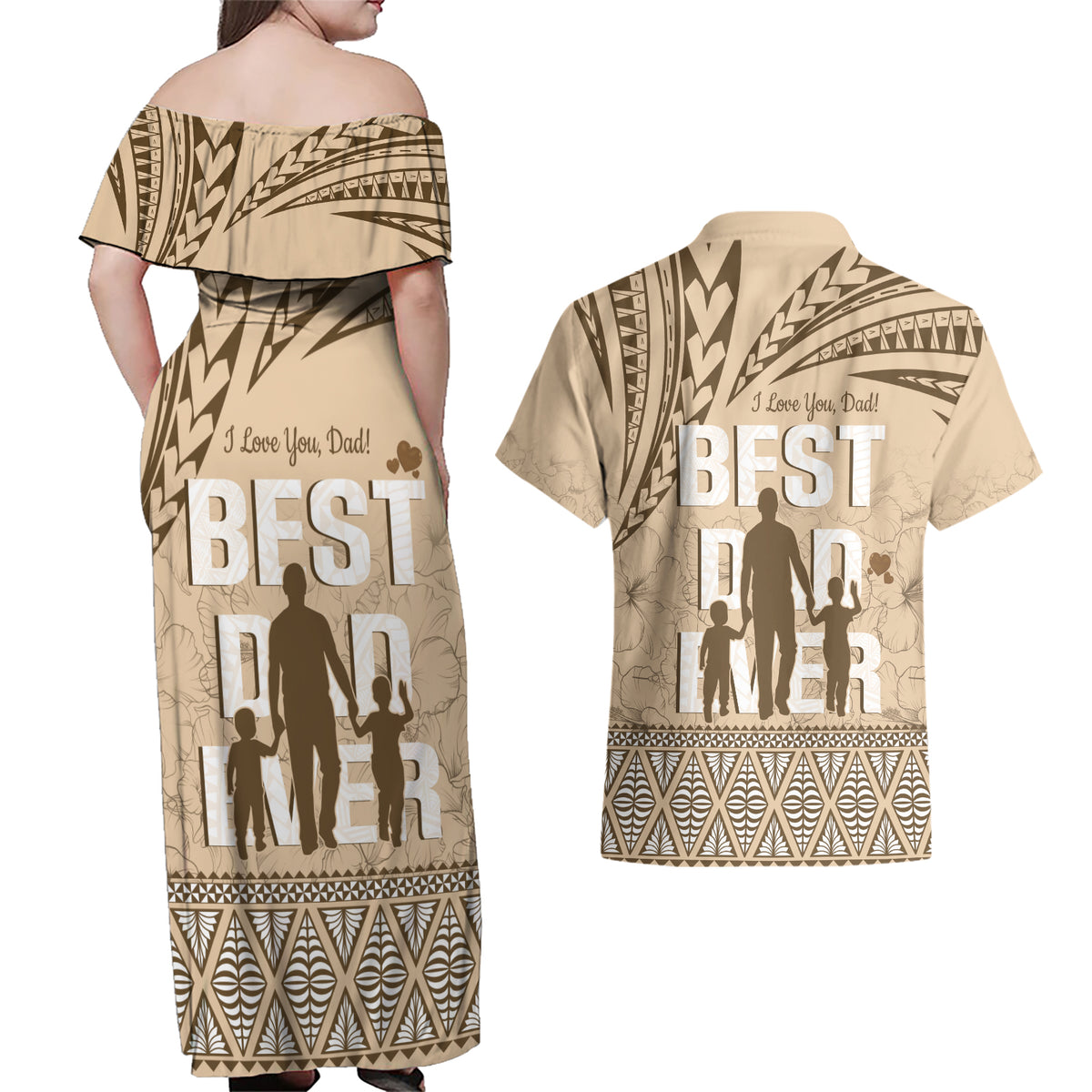 Tonga Father's Day Couples Matching Off Shoulder Maxi Dress and Hawaiian Shirt Best Dad Ever Tongan Ngatu Pattern - Beige LT14 - Polynesian Pride