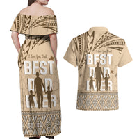 Tonga Father's Day Couples Matching Off Shoulder Maxi Dress and Hawaiian Shirt Best Dad Ever Tongan Ngatu Pattern - Beige LT14 - Polynesian Pride