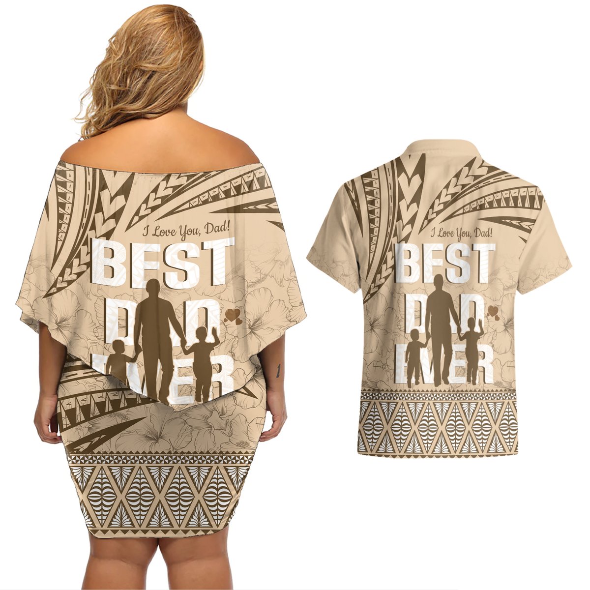 Tonga Father's Day Couples Matching Off Shoulder Short Dress and Hawaiian Shirt Best Dad Ever Tongan Ngatu Pattern - Beige LT14 - Polynesian Pride