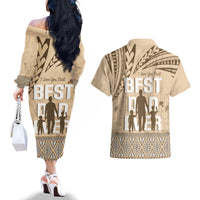Tonga Father's Day Couples Matching Off The Shoulder Long Sleeve Dress and Hawaiian Shirt Best Dad Ever Tongan Ngatu Pattern - Beige LT14 - Polynesian Pride
