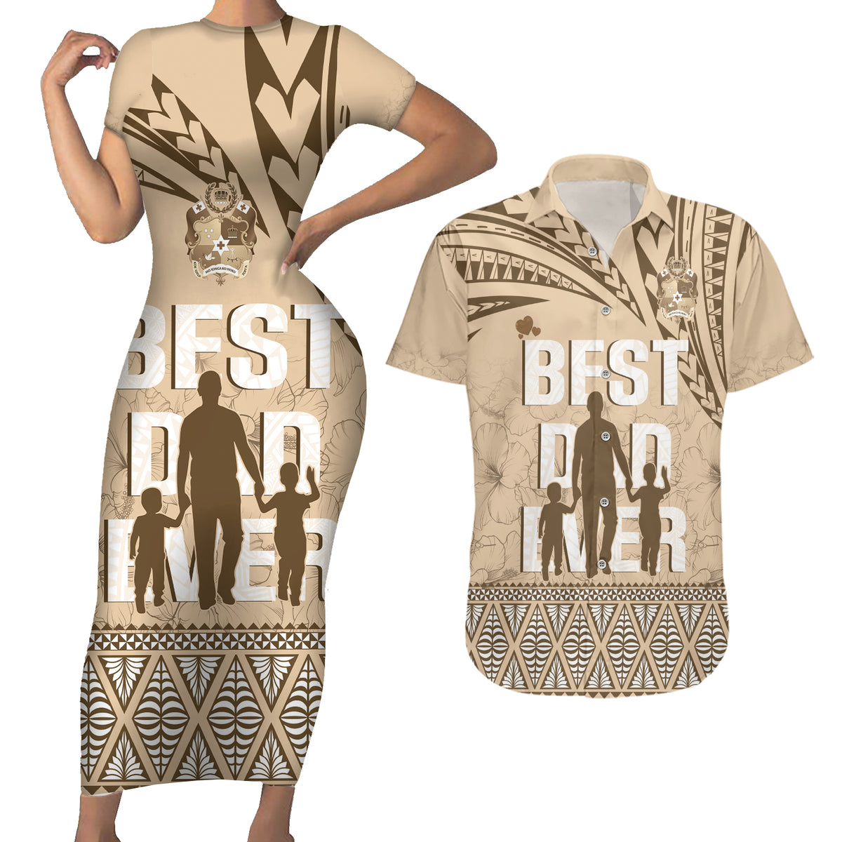 Tonga Father's Day Couples Matching Short Sleeve Bodycon Dress and Hawaiian Shirt Best Dad Ever Tongan Ngatu Pattern - Beige LT14 Beige - Polynesian Pride