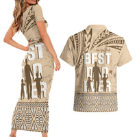 Tonga Father's Day Couples Matching Short Sleeve Bodycon Dress and Hawaiian Shirt Best Dad Ever Tongan Ngatu Pattern - Beige LT14 - Polynesian Pride