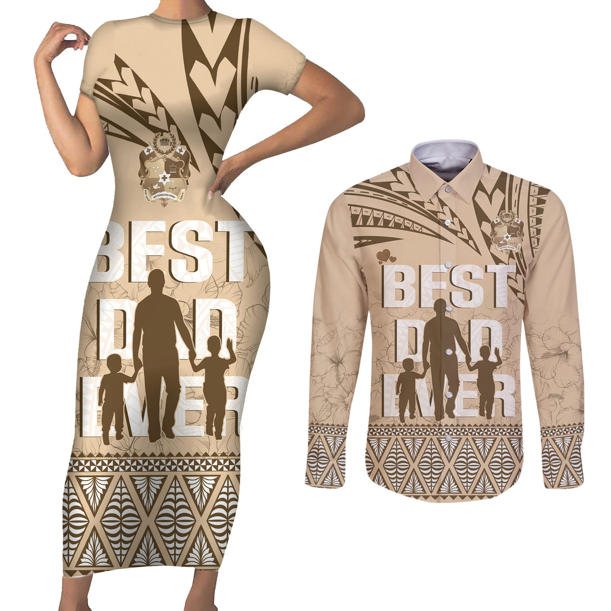 Tonga Father's Day Couples Matching Short Sleeve Bodycon Dress and Long Sleeve Button Shirt Best Dad Ever Tongan Ngatu Pattern - Beige LT14 Beige - Polynesian Pride
