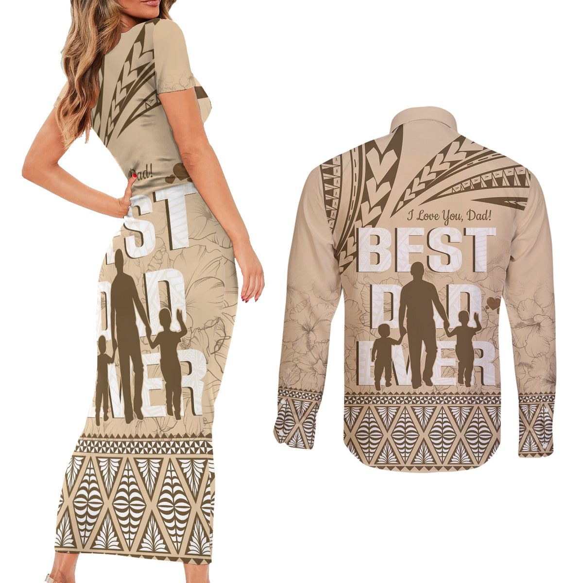 Tonga Father's Day Couples Matching Short Sleeve Bodycon Dress and Long Sleeve Button Shirt Best Dad Ever Tongan Ngatu Pattern - Beige LT14 - Polynesian Pride