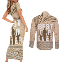 Tonga Father's Day Couples Matching Short Sleeve Bodycon Dress and Long Sleeve Button Shirt Best Dad Ever Tongan Ngatu Pattern - Beige LT14 - Polynesian Pride