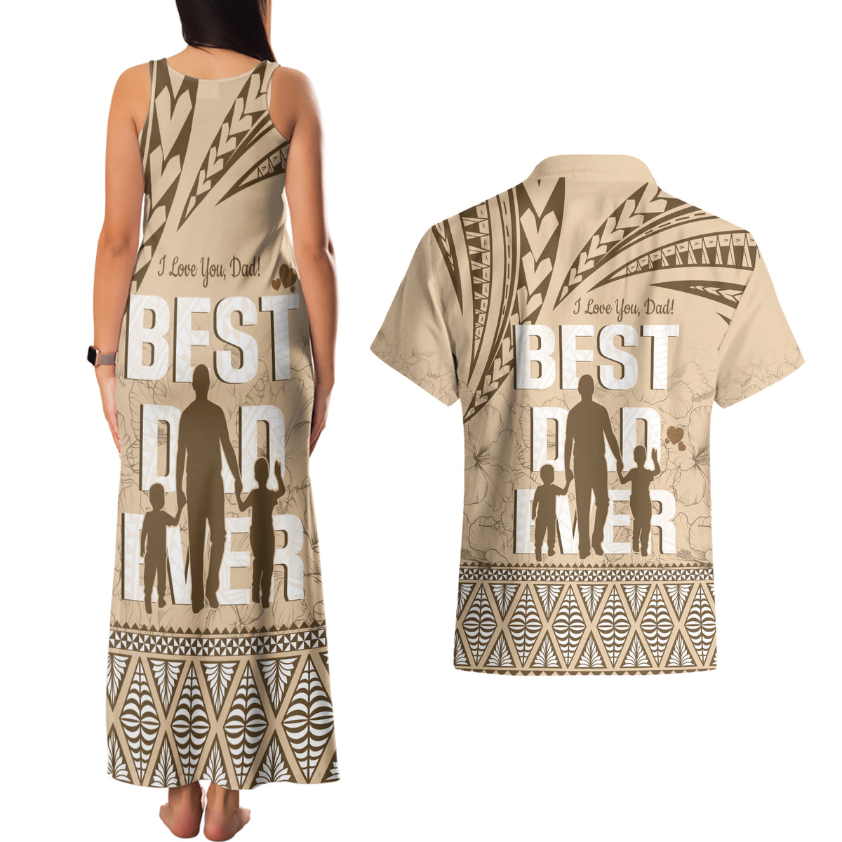 Tonga Father's Day Couples Matching Tank Maxi Dress and Hawaiian Shirt Best Dad Ever Tongan Ngatu Pattern - Beige LT14 - Polynesian Pride