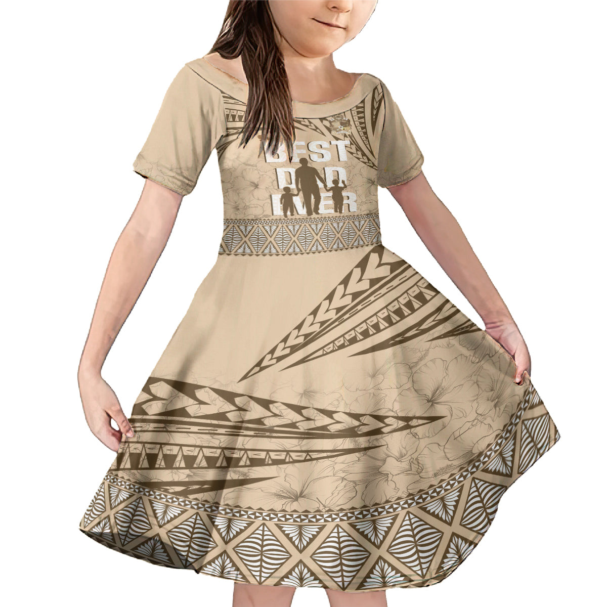 Tonga Father's Day Family Matching Mermaid Dress and Hawaiian Shirt Best Dad Ever Tongan Ngatu Pattern - Beige LT14 Daughter's Dress Beige - Polynesian Pride