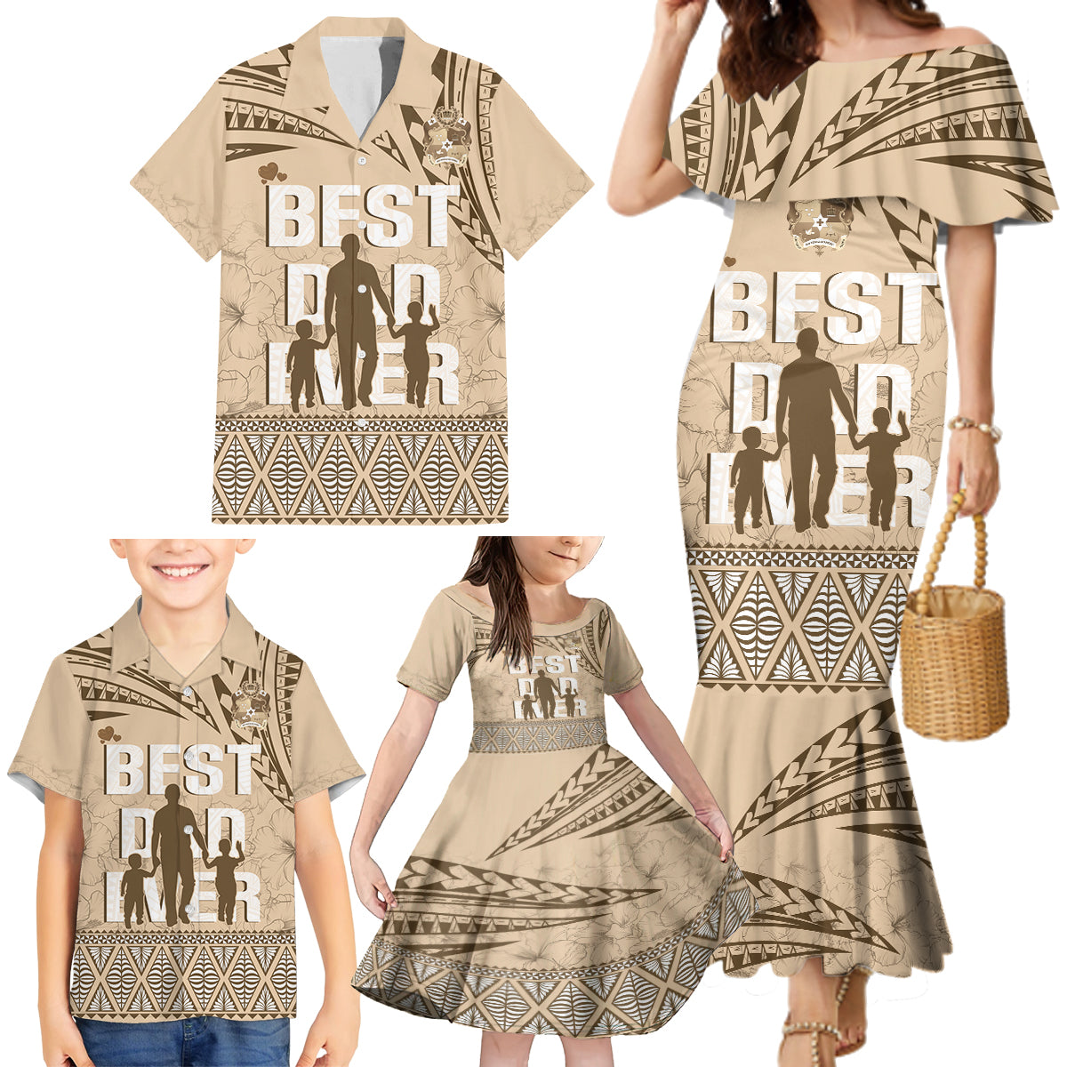 Tonga Father's Day Family Matching Mermaid Dress and Hawaiian Shirt Best Dad Ever Tongan Ngatu Pattern - Beige LT14 - Polynesian Pride