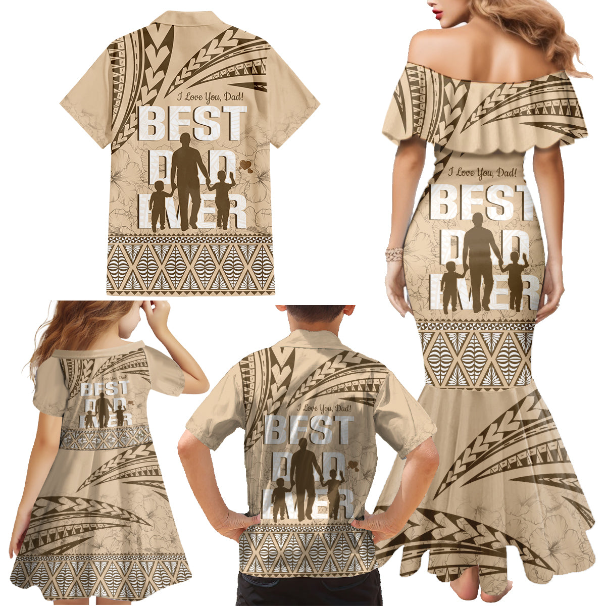 Tonga Father's Day Family Matching Mermaid Dress and Hawaiian Shirt Best Dad Ever Tongan Ngatu Pattern - Beige LT14 - Polynesian Pride
