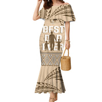 Tonga Father's Day Family Matching Mermaid Dress and Hawaiian Shirt Best Dad Ever Tongan Ngatu Pattern - Beige LT14 Mom's Dress Beige - Polynesian Pride