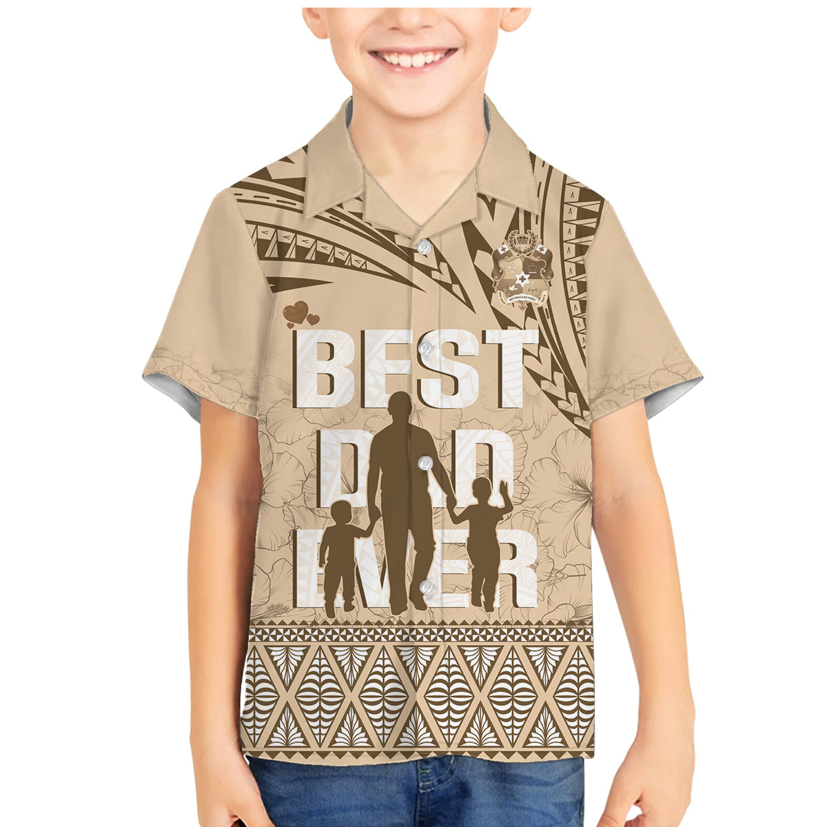 Tonga Father's Day Family Matching Mermaid Dress and Hawaiian Shirt Best Dad Ever Tongan Ngatu Pattern - Beige LT14 Son's Shirt Beige - Polynesian Pride