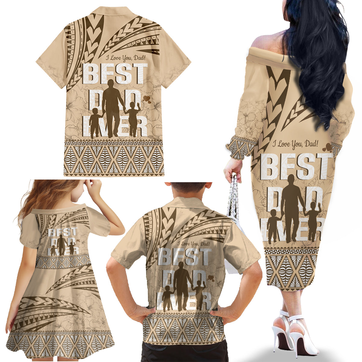 Tonga Father's Day Family Matching Off The Shoulder Long Sleeve Dress and Hawaiian Shirt Best Dad Ever Tongan Ngatu Pattern - Beige LT14 - Polynesian Pride